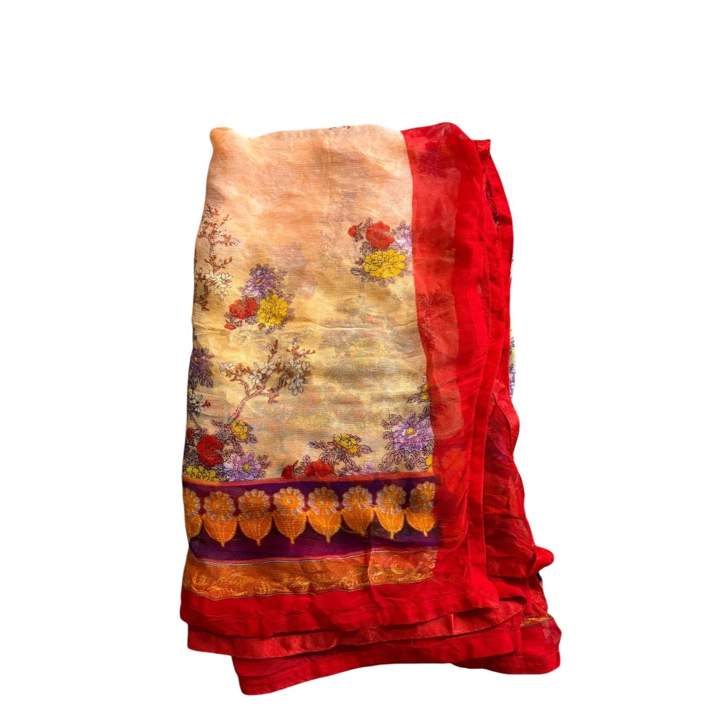 Vintage Floral Sheer Scarf Wrap Shawl Red Border 84" x‎ 39" As is